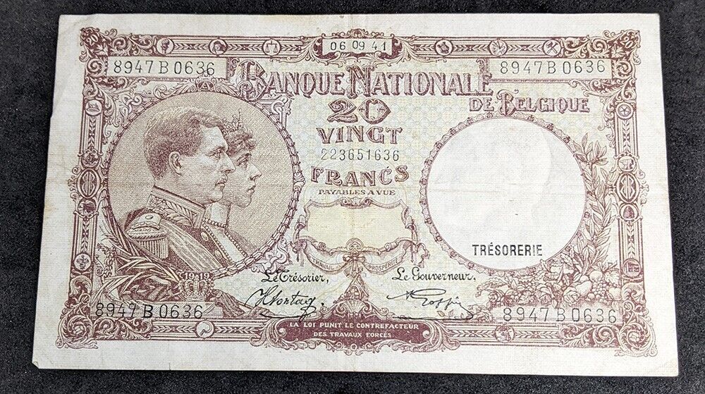 1941 Belgium - National Bank - 20 (Vingt) Francs Bank Note - Janssen, Sontag