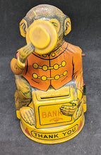 Load image into Gallery viewer, Vintage J. Chien (USA) Tin Monkey Tipping Hat Coin Bank
