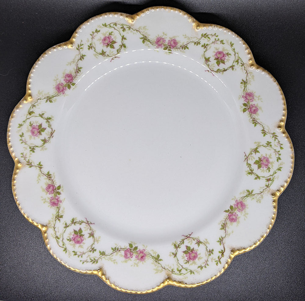 Haviland / Limoges Scalloped Edge Dinner Plate - Gold Rim, Rose Vine