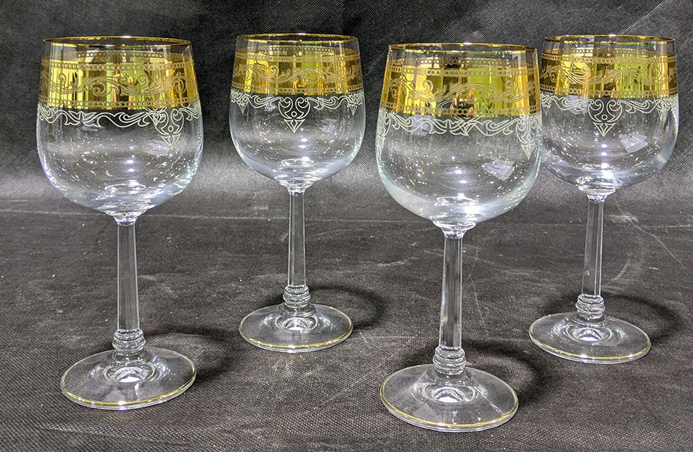 4 Wide Gold Rimmed / Adorned Wine Glasses
