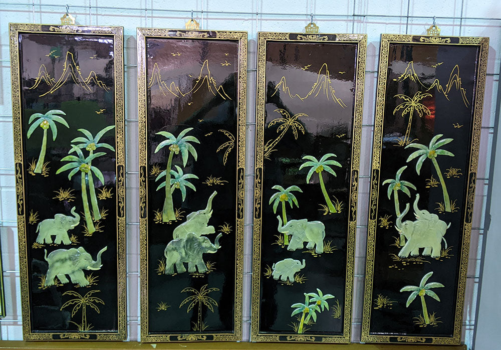 4 Asian Inspired Black Lacquer & Mother of Pearl Elephant Panels