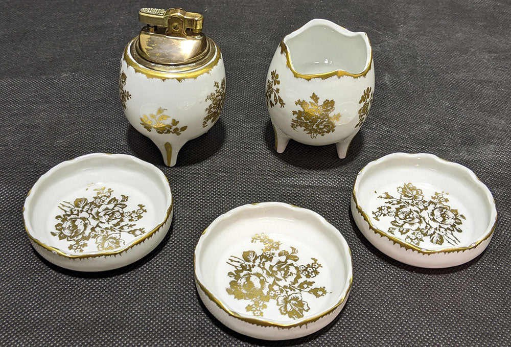 Birks - Hand Painted Chinaware Smoking Set - With Lighter - Made in France