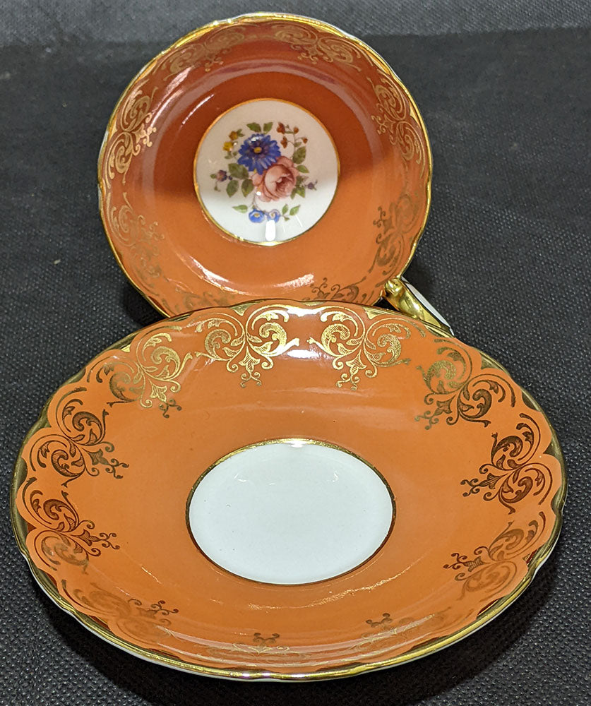 Aynsley Fine Bone China Teacup & Saucer - Orange, Gold & Bouquet