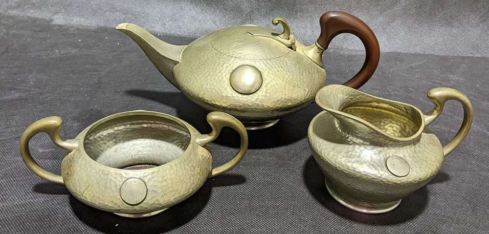 Real English Pewter Tea Pot, Cream & Sugar Set - Hammered Detail