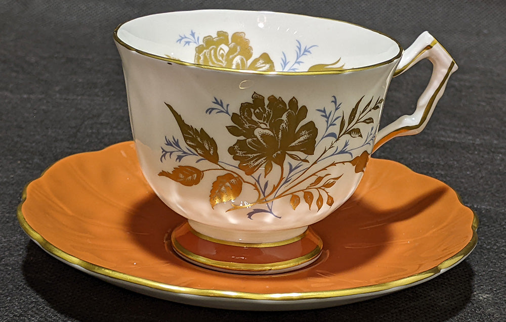 Aynsley Fine Bone China Tea Cup & Saucer - Orange, Gold & Blue