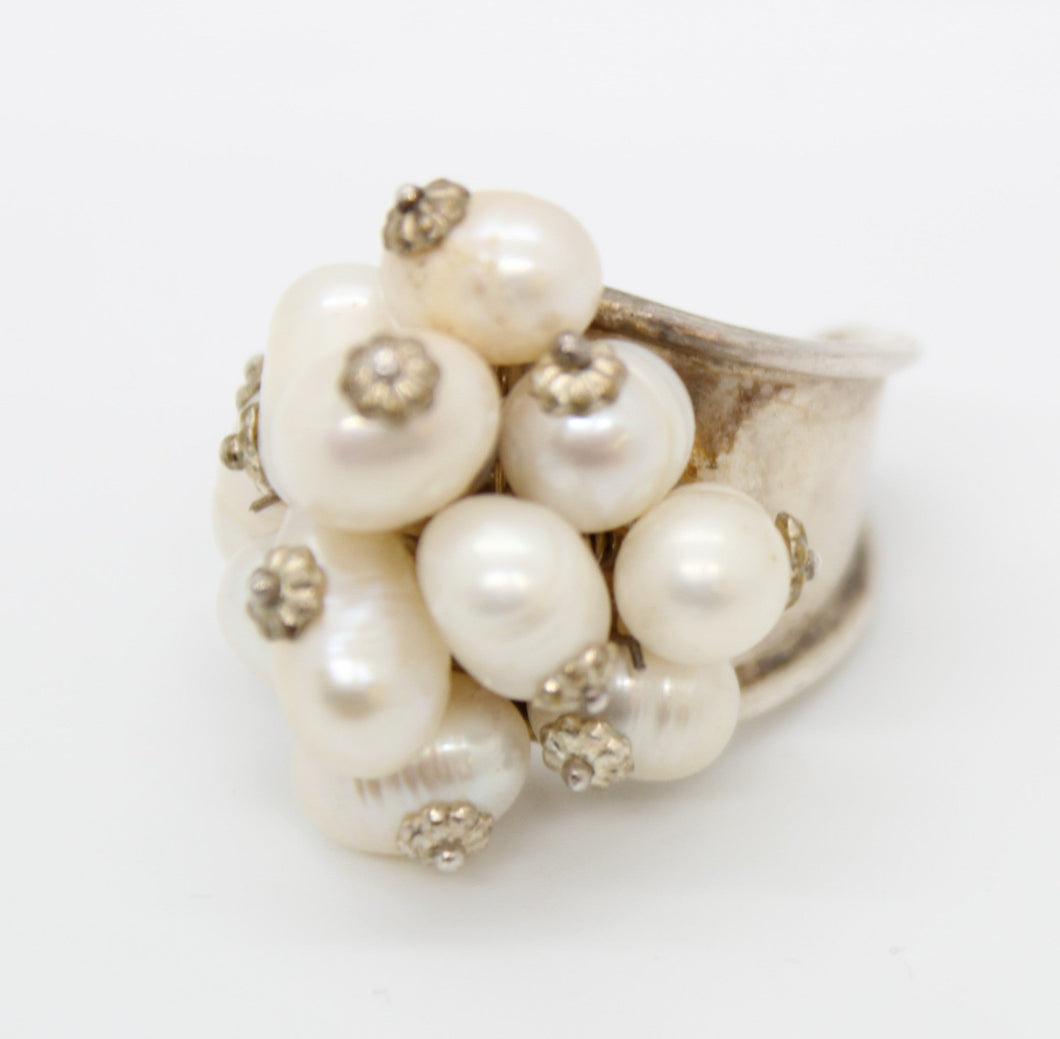 Silver Ring w/ Drilled Cultured Beads