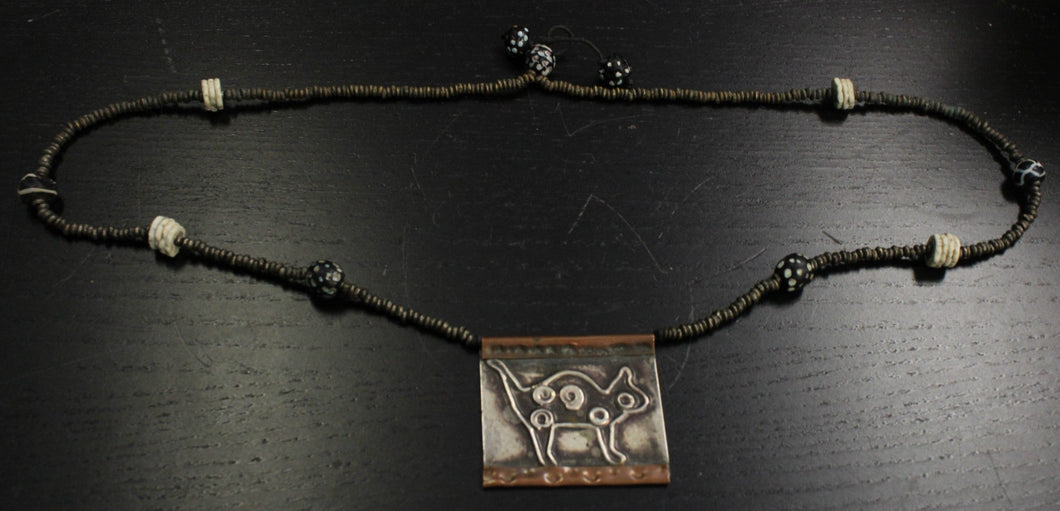 Vintage Sterling Silver & Copper Pendant w/ Beaded Necklace