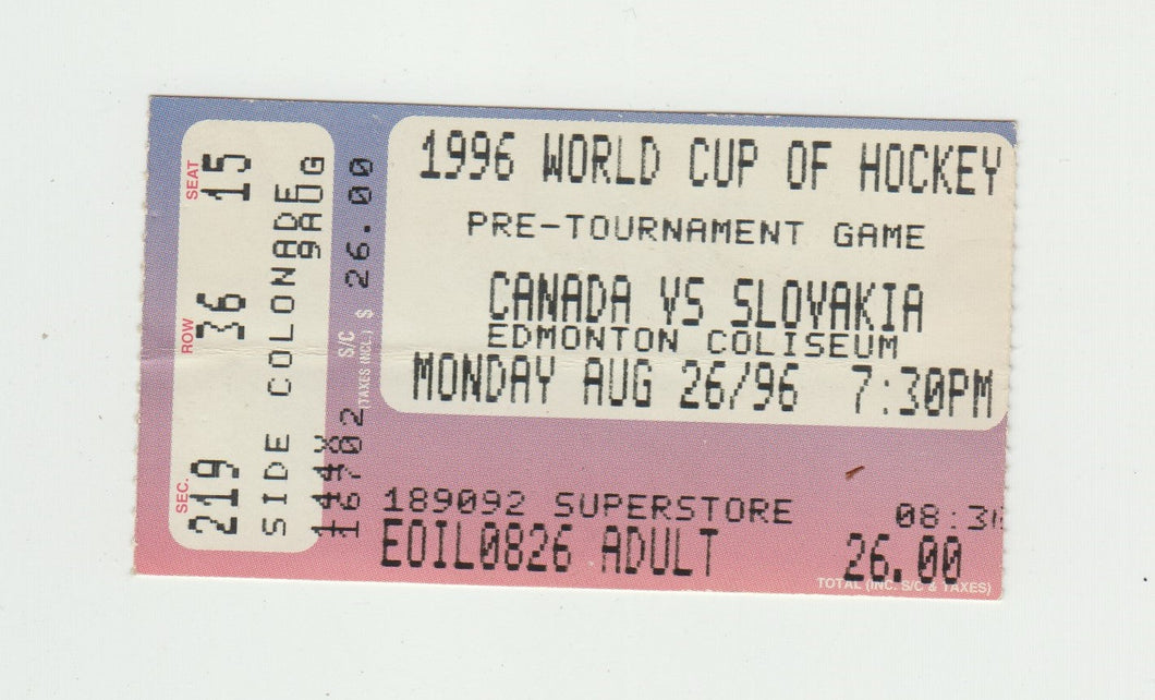 1996 World Cup of Hockey Canada vs Slovakia Pre-Tournament Game Ticket Stub